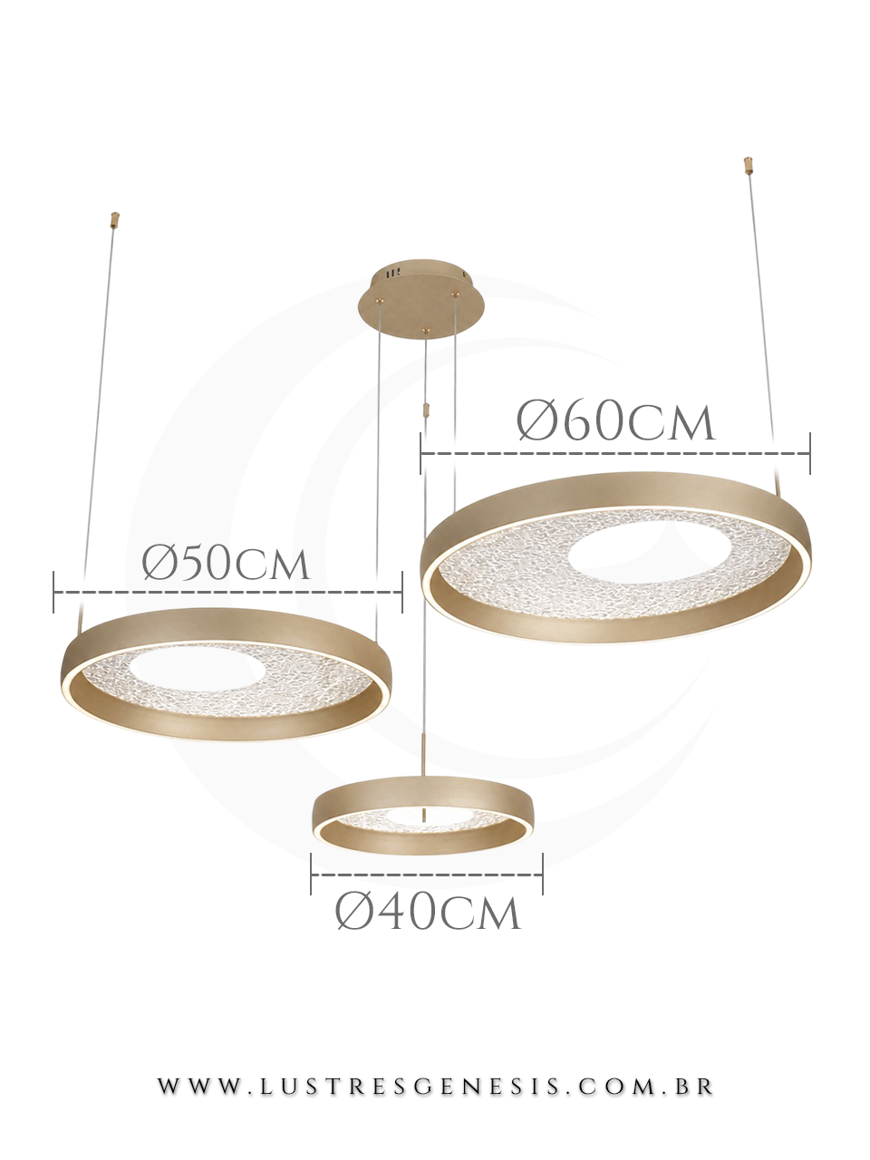 Lustre Aliança 3 Anéis Dourado Fosco Pé Direito Duplo LED para Sala de Jantar e Sala de Estar